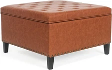 Faux Leather Storage Ottoman Bench, Square Coffee Table Footstool Footrest with 