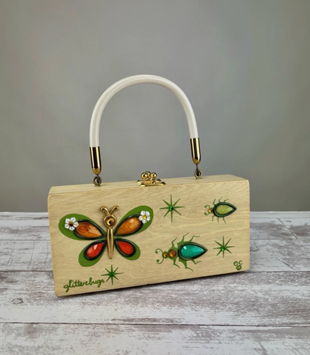 Vintage 1960s Enid Collins Glitter Bugs Novelty Wooden Box Purse with Mirror - Picture 2 of 8