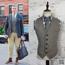 Mens Vintage Tweed Herringbone Waistcoat Single-Breasted V-Neck Wool Blend Vest