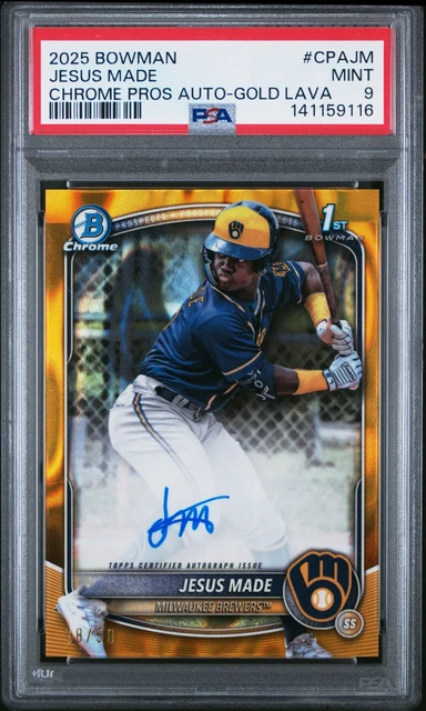 Jesus Made 2025 Bowman #CPA-JM Gold Lava Refractor Chrome Auto 1st RC /50 PSA 9