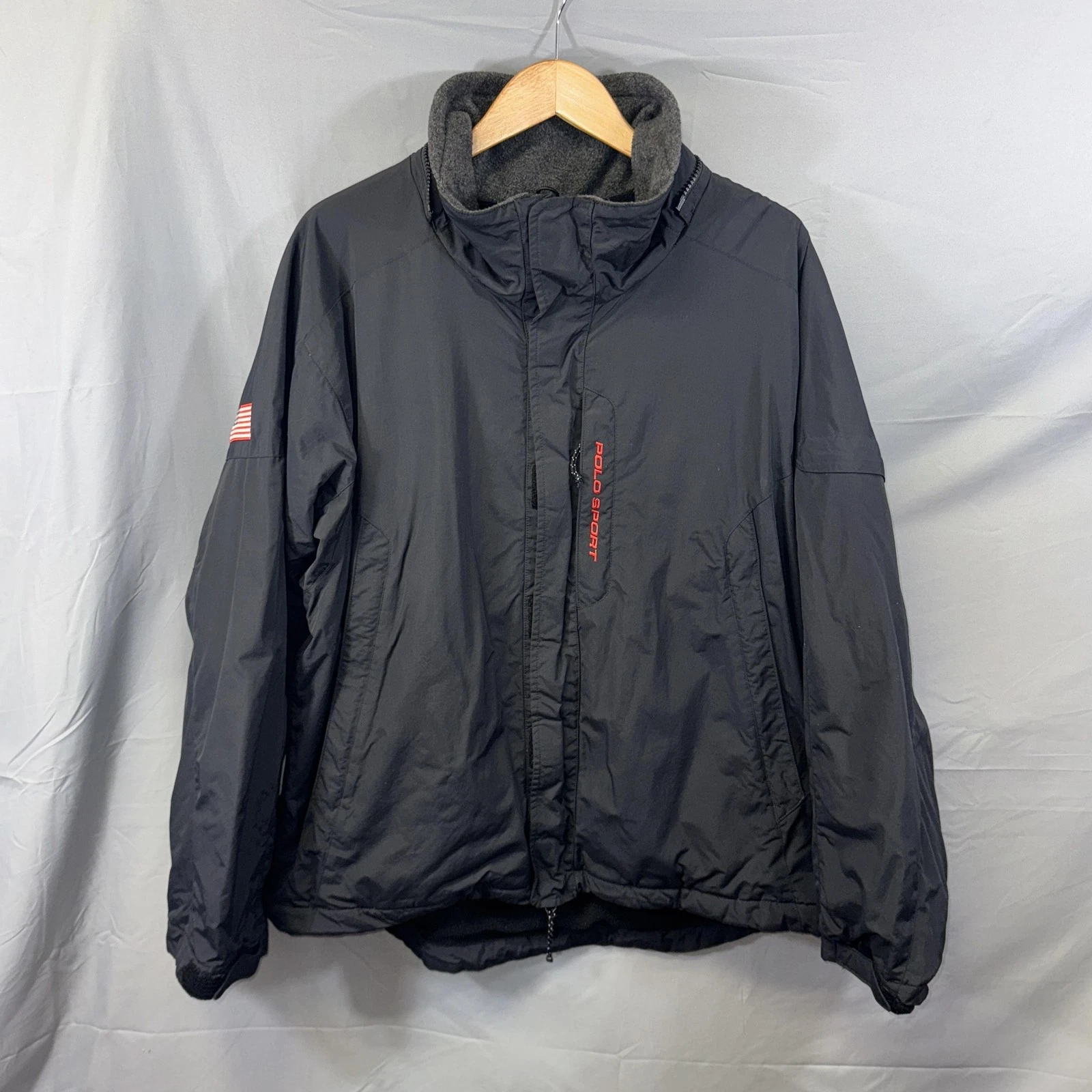 Polo Sport Ralph Lauren Jacket Mens XL Black Fleece Lined Nylon Zip Storm Flap