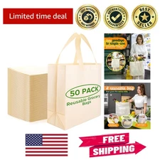 Foldable Reusable Shopping Bags - 50 Pack Heavy Duty, 14.5"x14", Cream Color