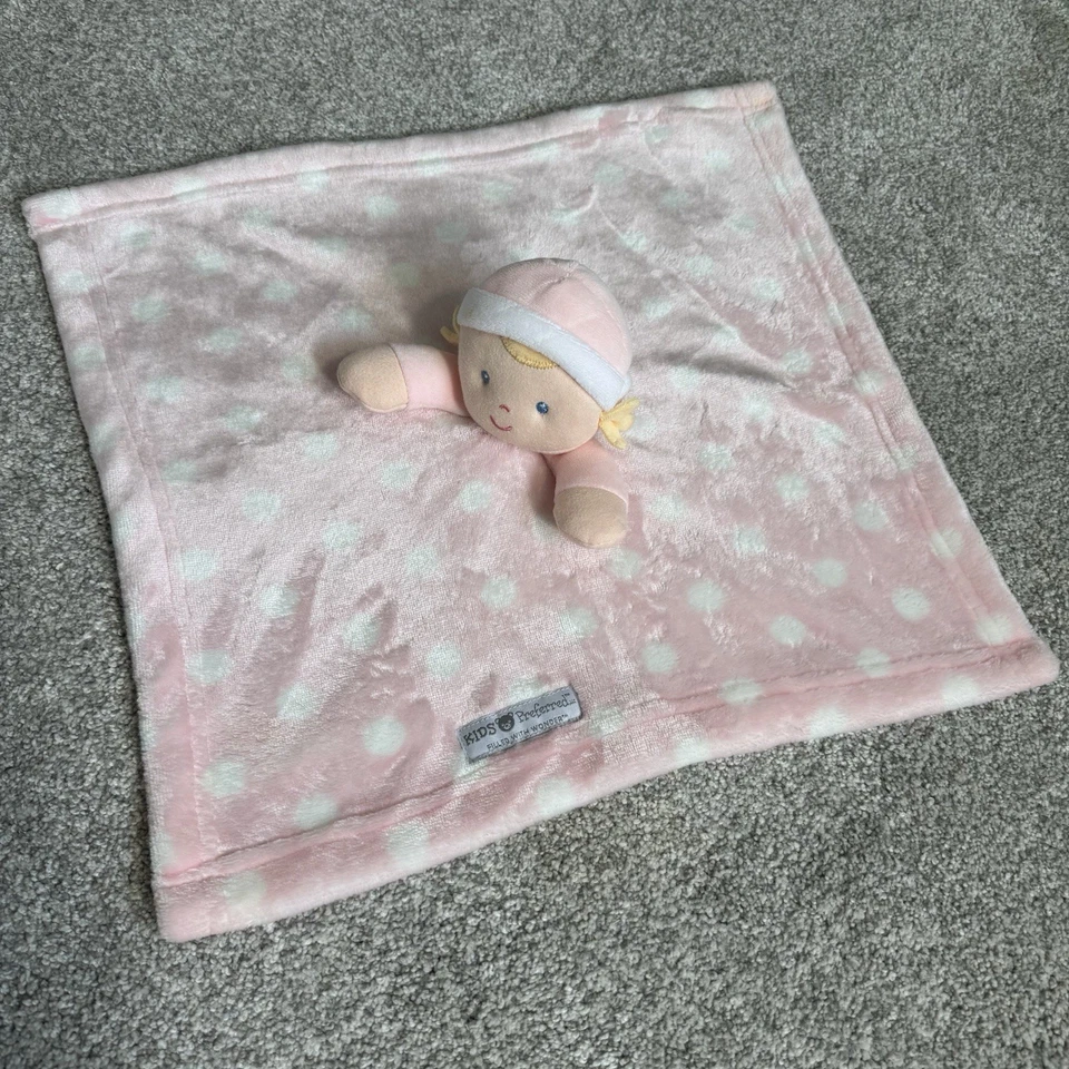 Kids Preferred Lovey Pink Polka Dot Little Girl Blonde Hat Blanket Baby Doll 14” - Image 2 of 4