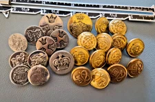 26 Silver  & Gold Tone Metal Shank Buttons WIth Crown Theme Designs — Vintage