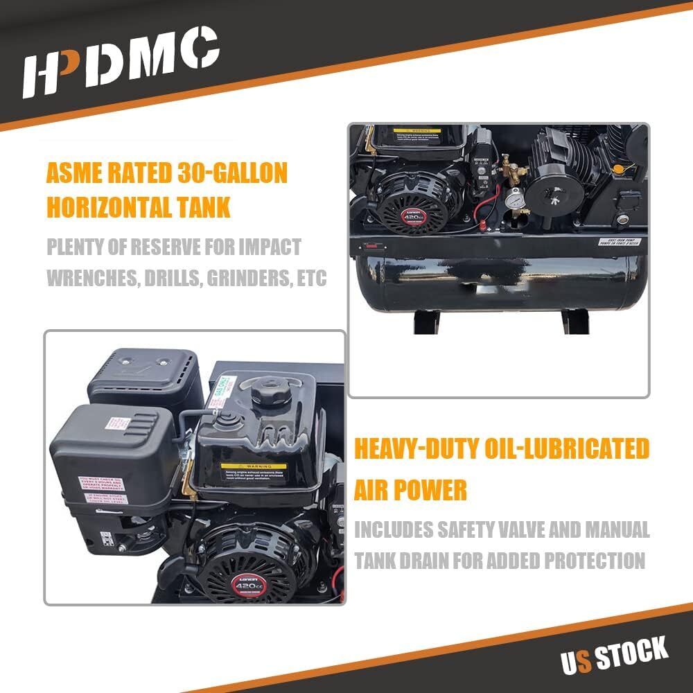 HPDMC Piston Air Compressor 13HP 125PSI 44Cfm 30 Tank Gallons For Industrial