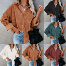 Women Casual Long Sleeve Corduroy Shirt Jacket Buttons Blouse Coat Overshirt Top