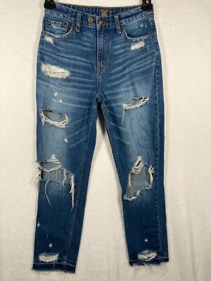 Abercrombie High Rise Girlfriend Jeans Womens 25 Distressed Blue Denim Raw Hem