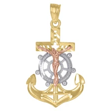 10K Tri-color Gold Anchor Cross Crucifix Religious Charm Pendant for Women