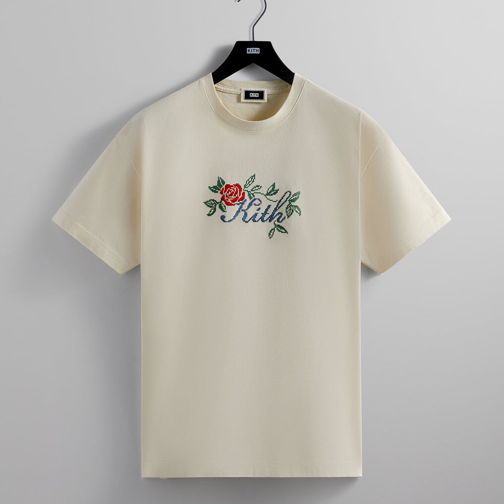 ☆ KITH script needle print tee Tシャツ ☆ Kith Script Needlepoint Logo Tee Sandrift Size XXL T-Shirt