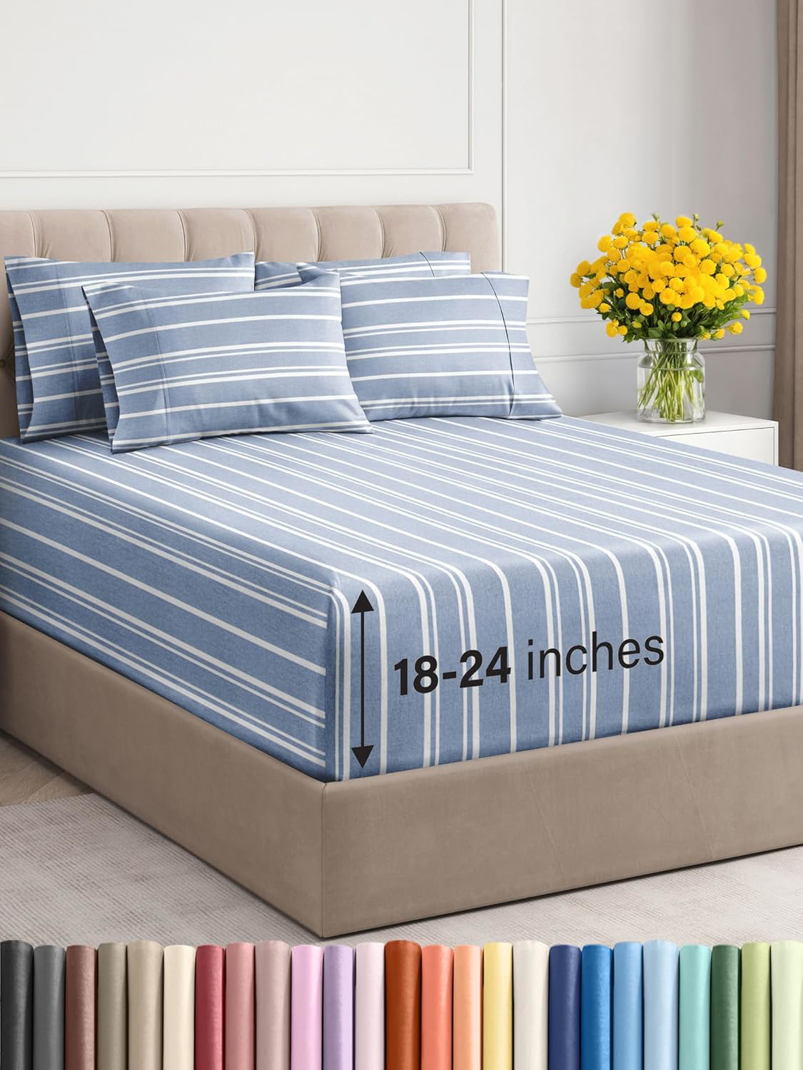 Extra Deep Cal King Cooling 6-Piece Sheet Set in Blue Stripes