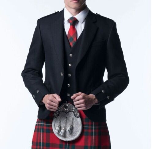 Ex-Hire Black Argyll Jacket & Waistcoat made in Scotland, 14oz 100% wool £99 - Afbeelding 1 van 5