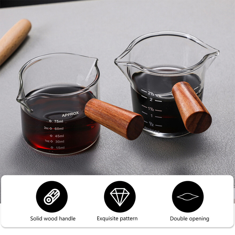 2er Set Espresso Messbecher Aus Glas – Mit Holzgriff, 180ml, V-förmiger Ausguss Für Milch & Sirup