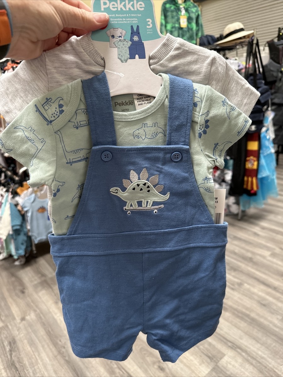Baby Boy or Girl 3 Piece Pekkle Overall Set, Dinosaur, Daisy