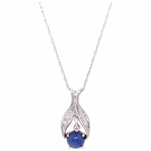 14 Karat White Gold Necklace with Cabochon Sapphire and Diamond Pendant 101-634 - Picture 1 of 4