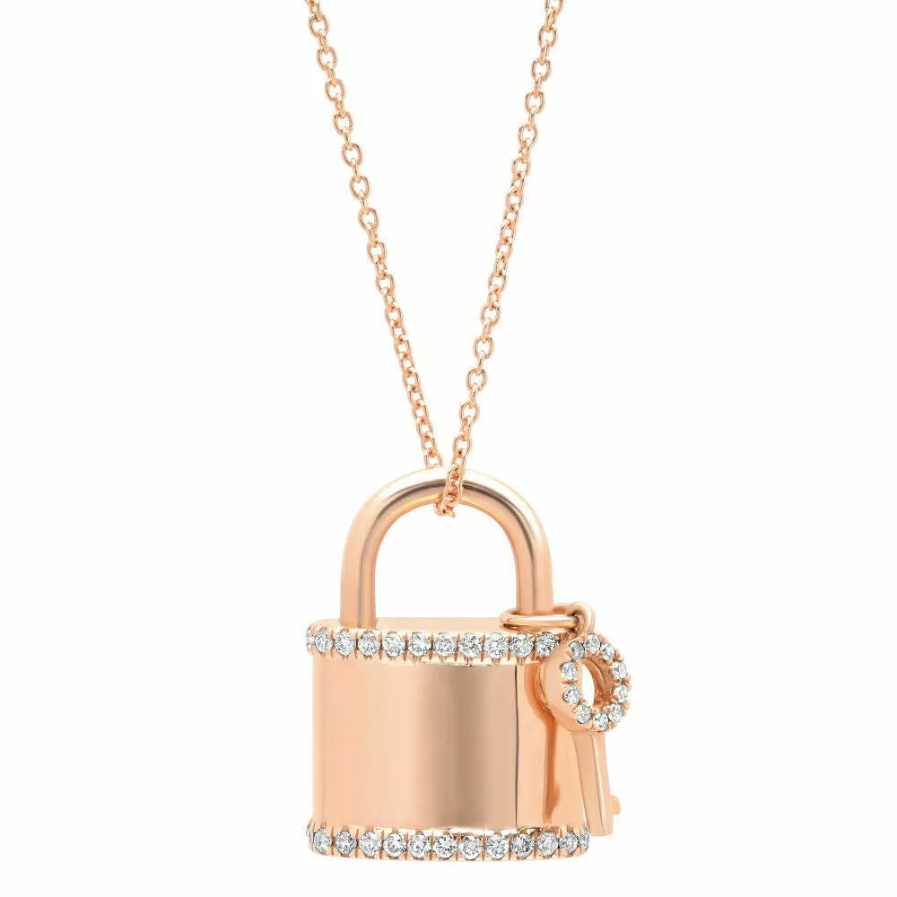 Diamond Lock Key Pendant Necklace 14k Rose Gold Natural Round Cut