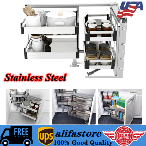 2-Tier Kitchen Blind Corner Basket Soft Close Pull Out Cabinet Storage Organizer