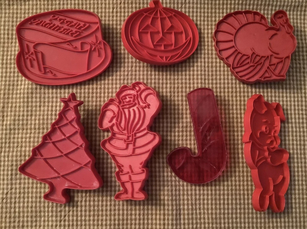 Vintage Cookie Cutters Red Plastic Lot of 7 Holiday/ Birthday Cake