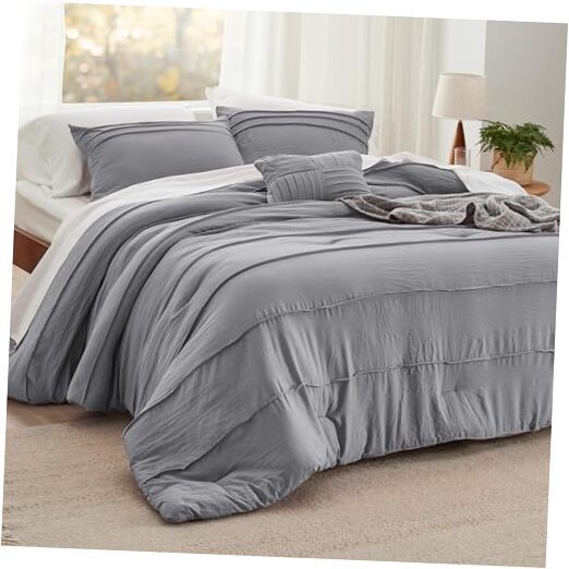 Grey Comforter Set - 4 Pieces Pinch Pleat Bed Set, Down Queen 02 - Grey