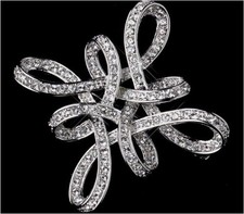2" VINTAGE LOOK SILVER TONE CHINISE KNOT DIAMANTE RHINESTONE CRYSTAL BROOCH PIN