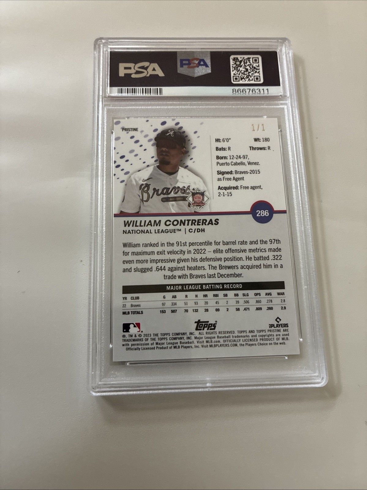 WILLIAM CONTRERAS 2023 Topps PRISTINE graded card PSA GEM MINT 10 black TRUE 1/1 view 24