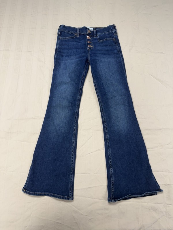 Abercrombie High Rise Flare Jeans Elastic Waist Blue Faux Button Fly Girls 9/10