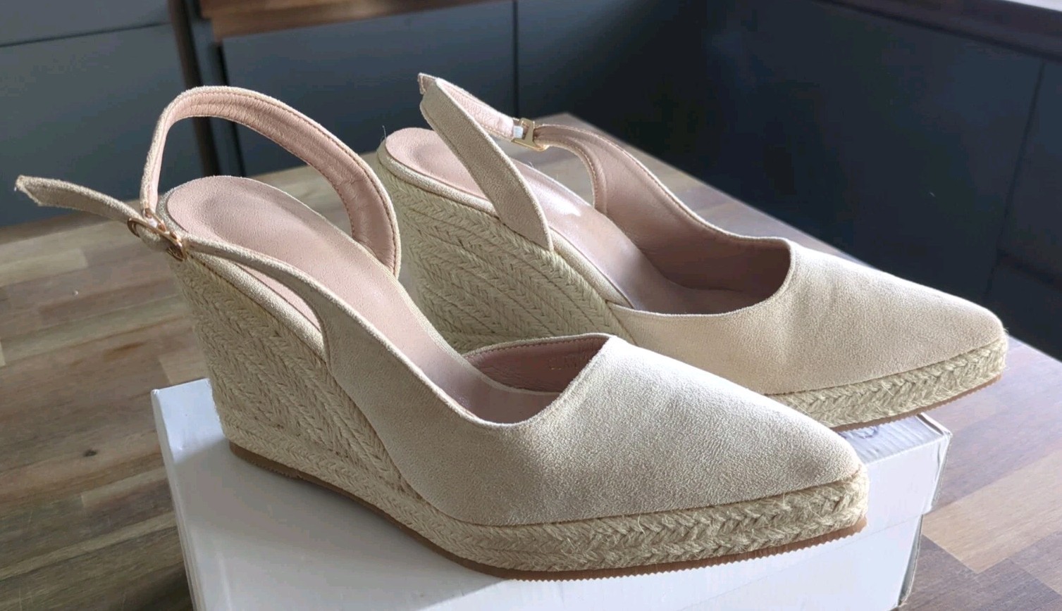 Faux Suede Pointed Toe Wedged Sandal Shoes Women’s Espadrille Beige UK Size 7