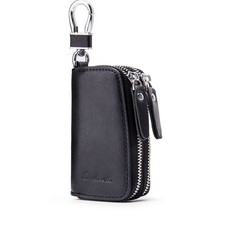Small Leather Double Zipper Car Key Case Organizer with 4 Keyrings for Men Wom