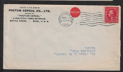 Postum Cereal Illust. cvr 1912 w/Sc 406, Battle Creek MI to National Cty (10k227