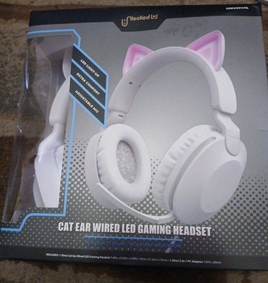 Fashion Cool  Cat Ear Wired LED Gaming Headset Microphone White w/ Pink Ears