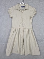 Nautica Girls Shirtdress Size M 8/10 Beige School Uniform Button Up Short Sleeve