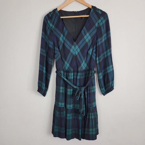 J Crew Black Watch Plaid Drapey Long Sleeve Dress Size 8 V Neck Back Zip Casual - Picture 2 of 14