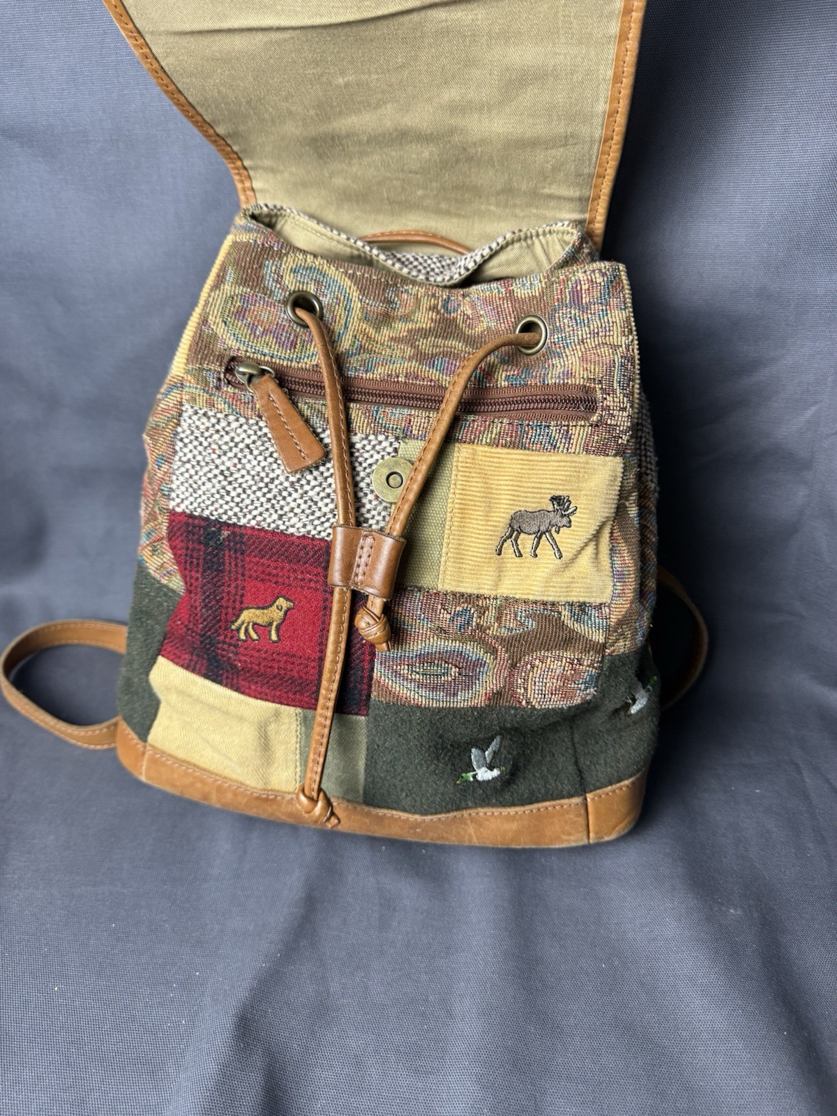 Ll Bean Patchwork Mini Backpack Vintage Leather O… - image 3