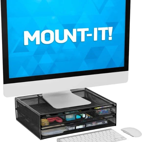 HUANUO 2 Tier Monitor Stand, Metal Monitor Riser with Drawer, Desk Organizer, Mo