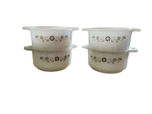 Vintage  Lot 4 Pyr-o-rey Dynaware Milk Glass Small Casserole Dish Brown Daisy