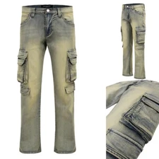 Victorious Men's Casual Bootcut Fit Utility Cargo Distressed Denim Jeans DL1495