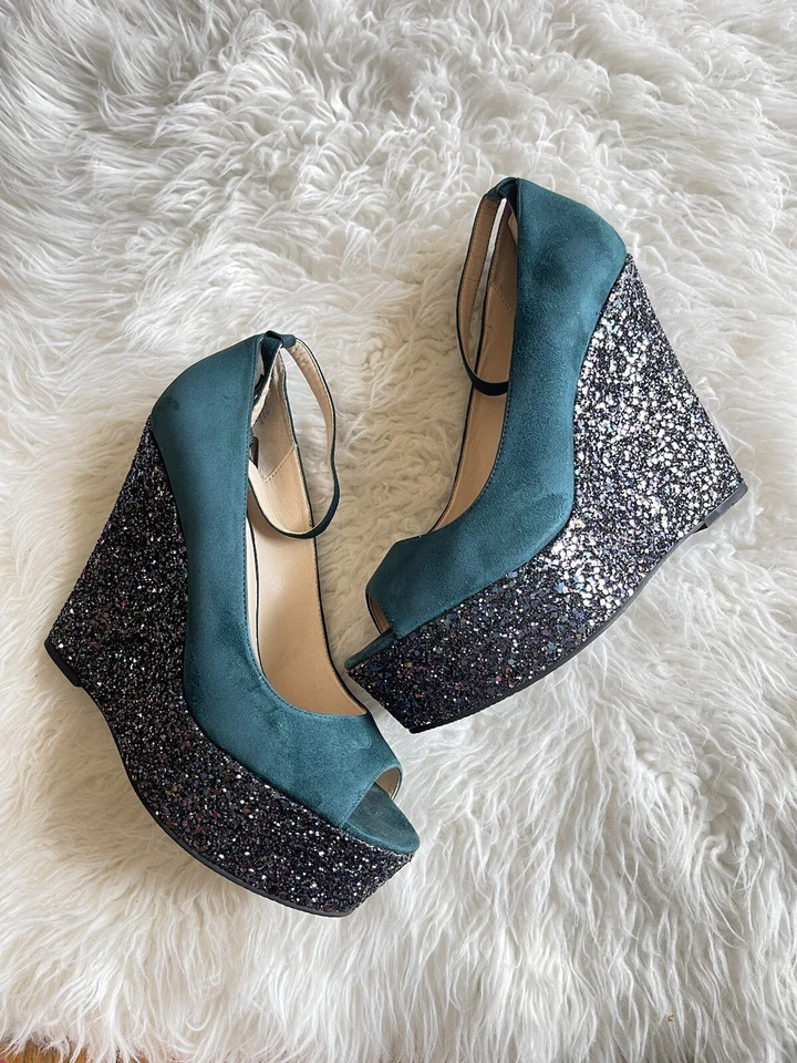 Zapatos de cuña Boutique 9 para mujer talla 10 plataforma brillante tacones peep toe Foto 2 de 4