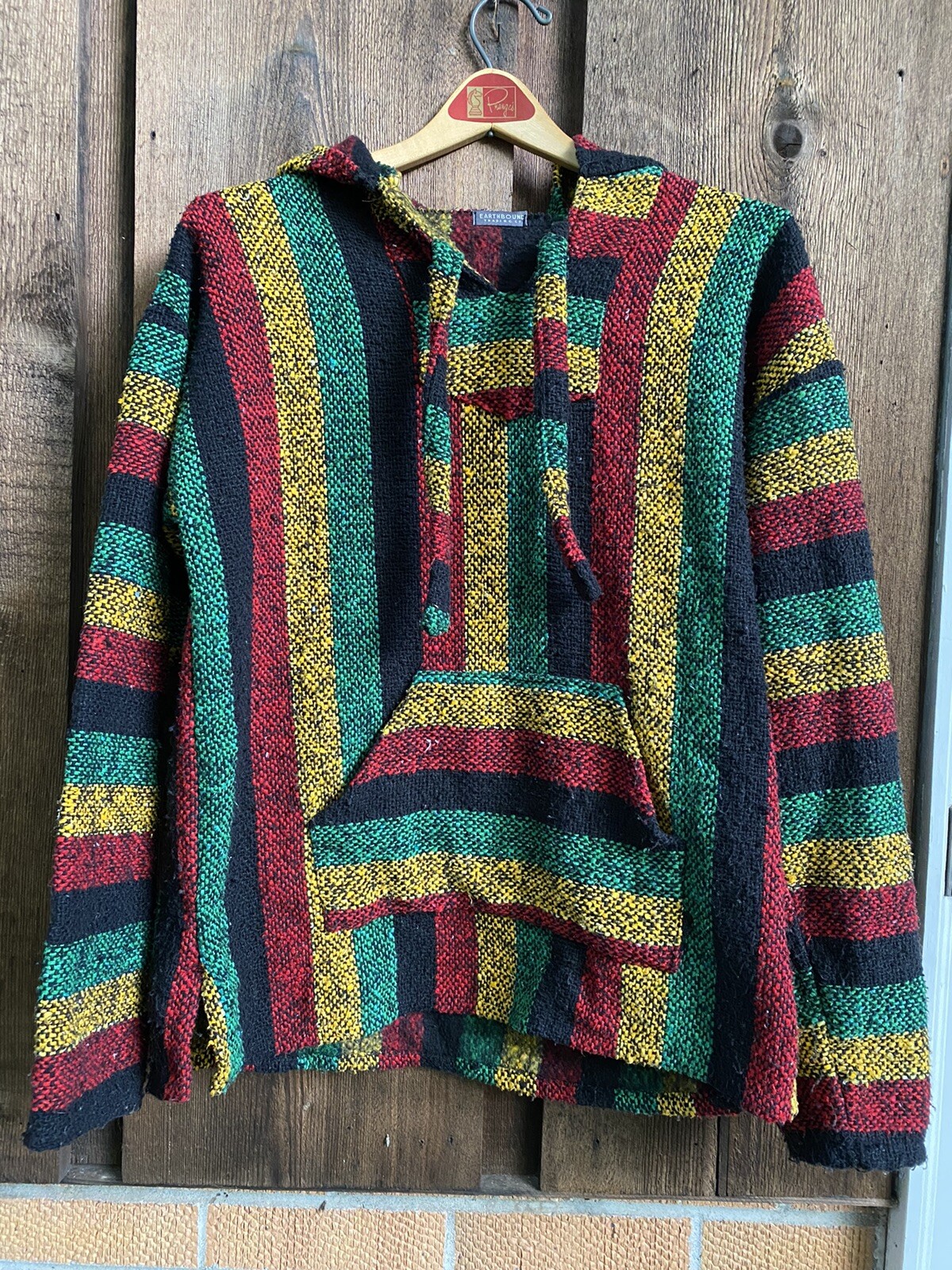 Vintage Mexican Baja Drugrug Hoodie Pullover Blanket Woven 90s Rasta