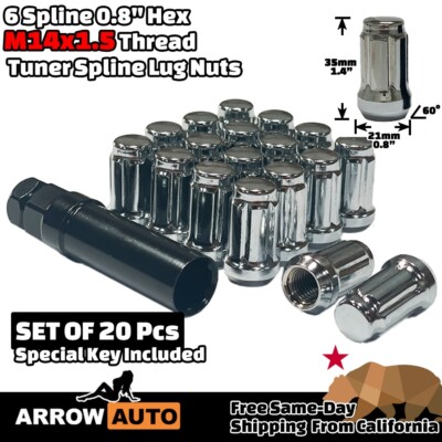 Gorilla 20-Pack Spline Tuner Lug Nuts – 12x1.5 Acorn, Chrome Heat-Treated With Key