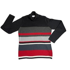 Sag Harbor Women  s Turtleneck Sweater. Red, black and gray striped. Size large.