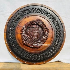 Handcarved Wooden Viking Shield with Intricate Bear Design Berserker Totem Oaken
