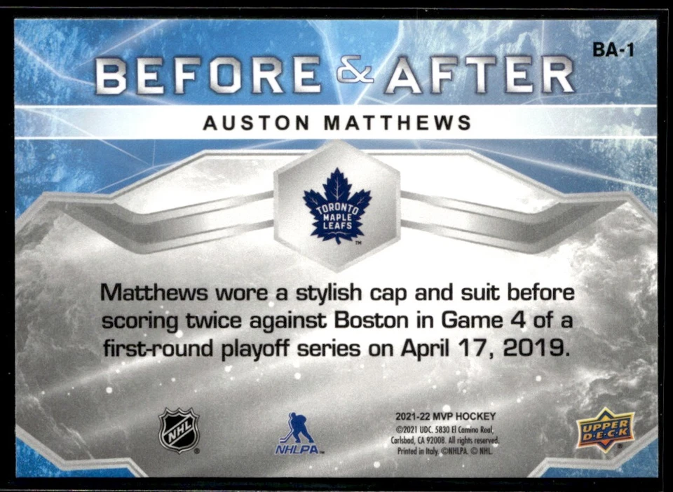 2021-22 Upper Deck MVP Before and After Auston Matthews #BA-1 - Image 2 of 2