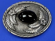 Faux Black Cab Stone With Raised Native American Indian Leaf Style Belt Buckle