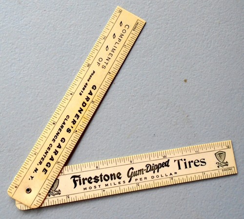 VINTAGE GARDNER'S GARAGE CLARENCE CTR, NY FIRESTONE TIRES CELLULOID RULER