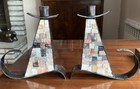 MCM Pair Of Eilon Mosaics Hammered Copper W/ Mosaic Stone Inlay Candle Holders — photo 2