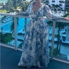 BHLDN Blue White Floral V Neck Long Sleeve Chiffon Formal Maxi Dress Gown M