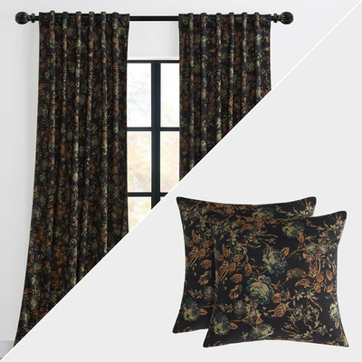 Floral Velvet Curtains & Pillowcase Set -  Bundle for Elegant Decor