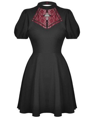 Dark In Love Gothic Kreuzzug Spitze Einsatz Kleid Schwarz Rot - Kurzarm Zip
