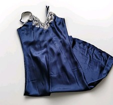 Navy Blue Satin Evening Dress Lace Applique Neckline Large Dark Coquette Y2K