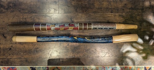 2 Didgeridoos, 1 Traditional termite carved, Painted by Gerald Iljiddimor surah