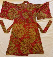 Natori Private Luxuries Kimono SET-Robe Gown-M-Red Gold Medallions-Satin-Pockets